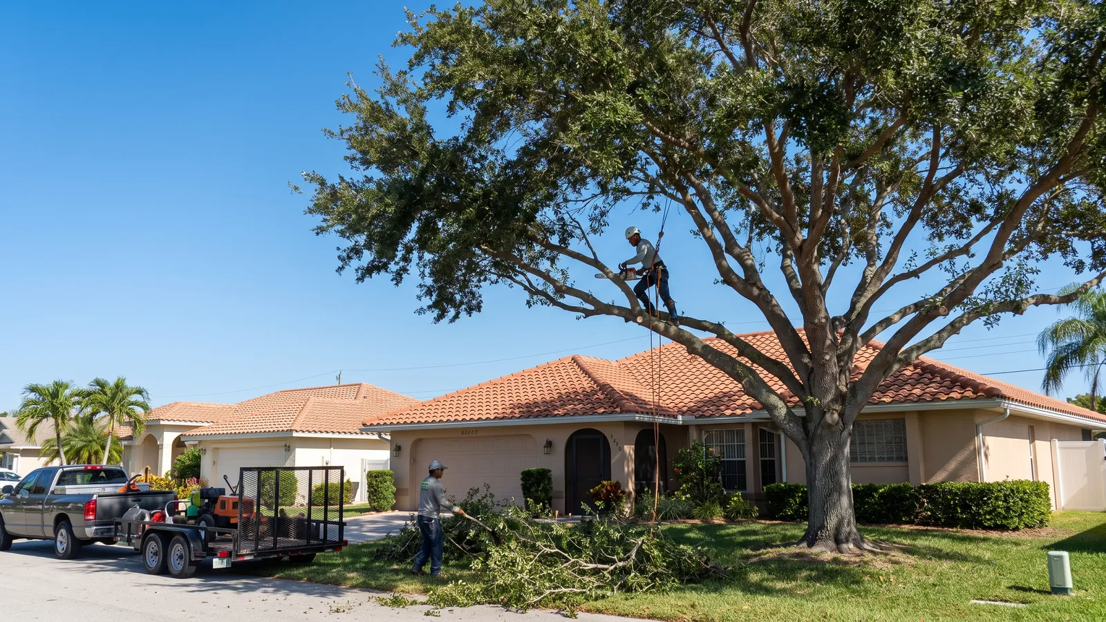 Arborist thinning and raising an oak canopy over a tile roof ahead of hurricane season in Cape Coral