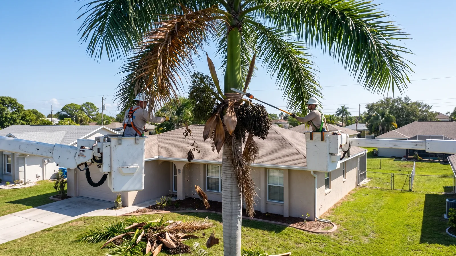 Worker on a lift removing heavy fronds and seed pods from a royal palm in a Cape Coral front yard